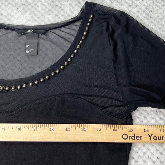 H&M Shirt Womens Small Black Semi-Sheer Top Brass Studded Scoop Neck Tee - Picture 11 of 15